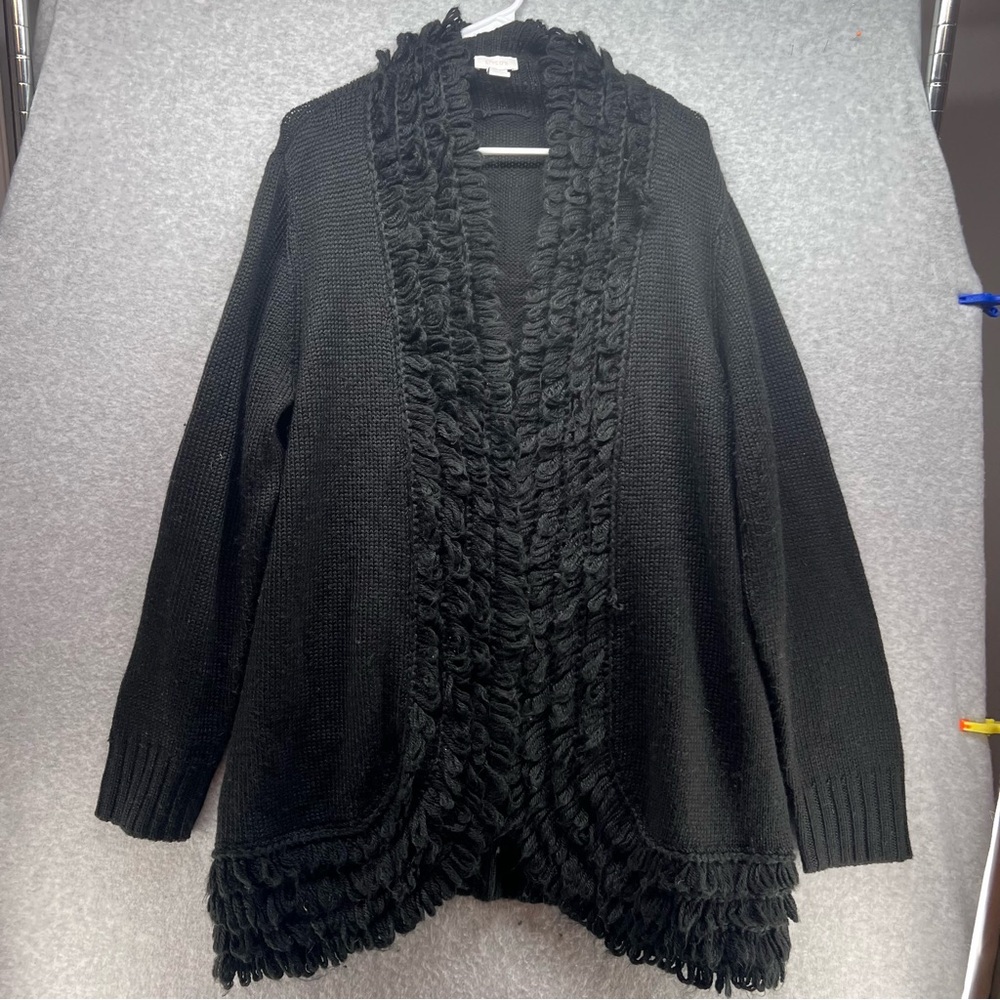 Chico's Black Fringe-Trim Open Cardigan